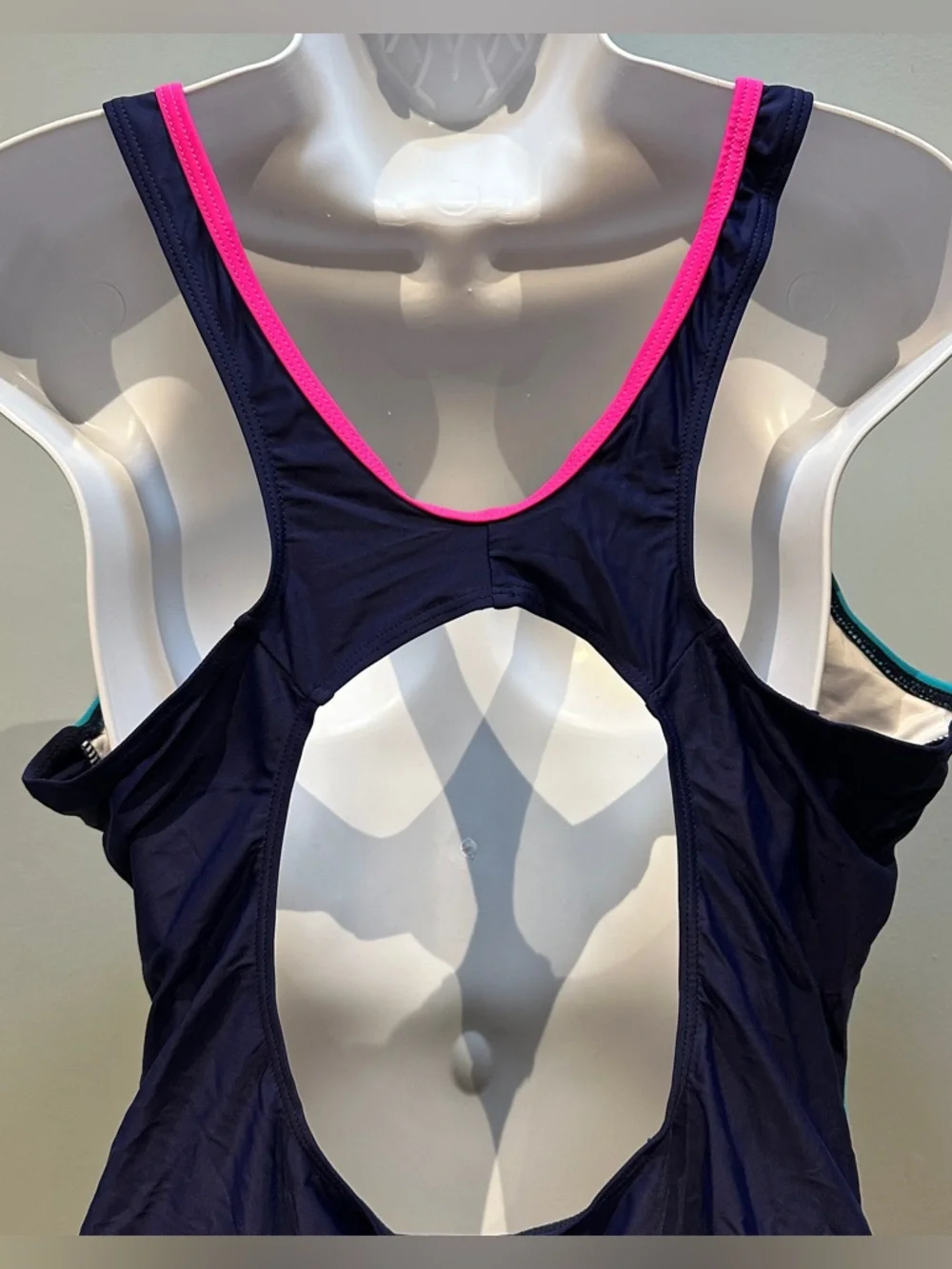 Navy Blue Athletic One-Piece Swim Suit with Turquoise & Pink Accents 2XL NWOT